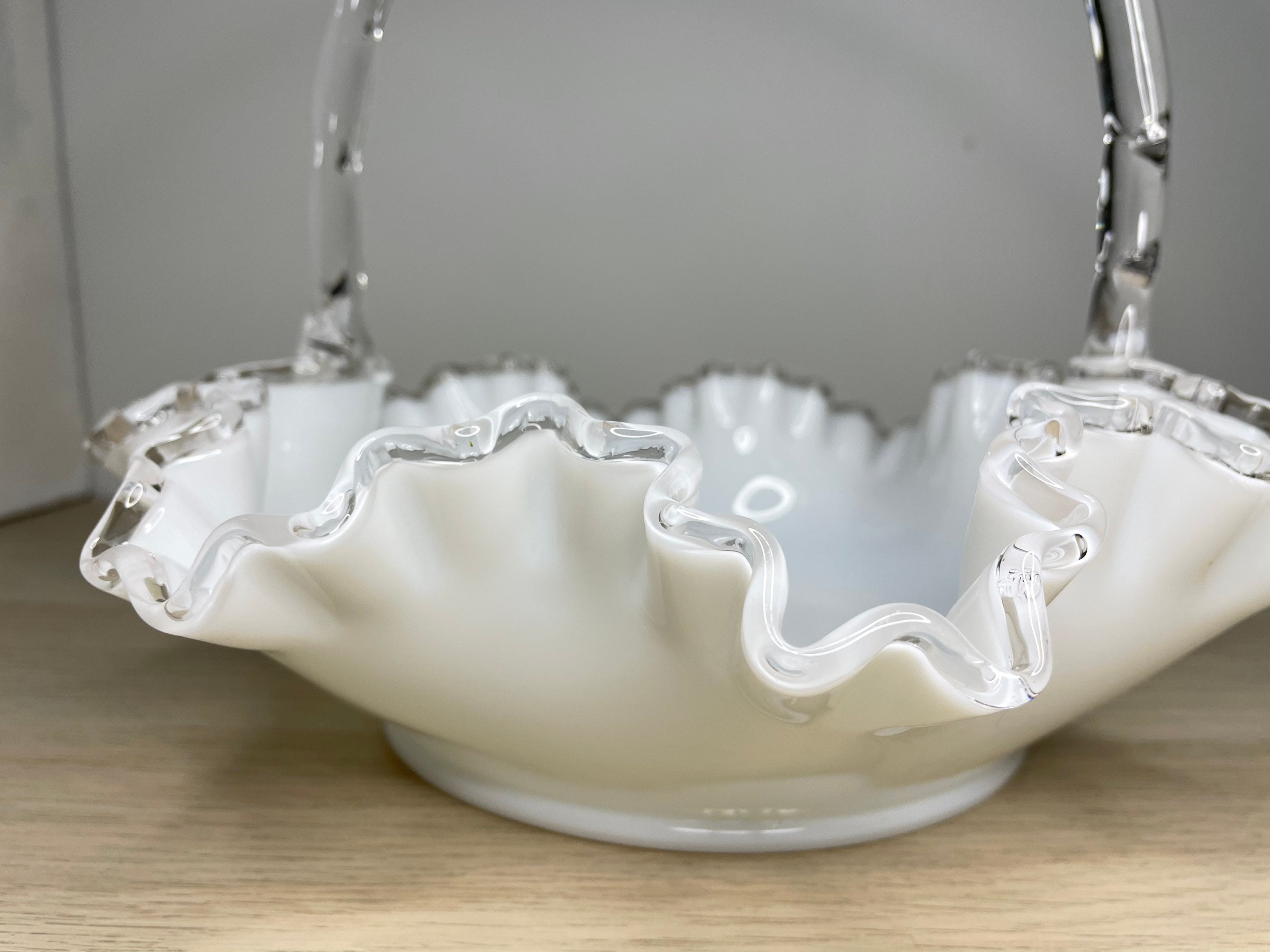 Vintage Fenton Silver Crest Milk Glass Ruffled Edge Basket With Bamboo