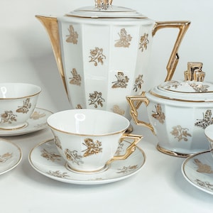Bavaria Germany Vintage Tea Set by Zeh Scherzer - Lidded Sugar Bowl & Creamer,  6 Cups/Saucers, with Tea Pot