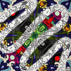 May include: A symmetrical mandala illustration featuring four frogs in green and white, surrounded by stylized pitcher plants, bees, and circular motifs in red, black, and yellow. The design includes water droplets and floral elements on a dark blue background.