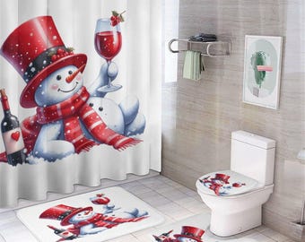 Cute Snowman Shower Curtain and Rug Set – 4-Piece Christmas Bathroom Decoration