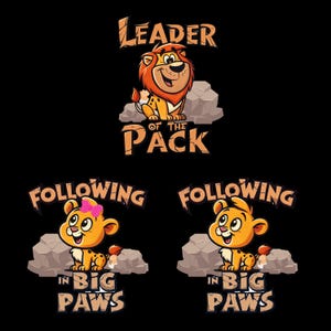 Op Flintstones geïnspireerde PNG-bundel Daddy & Me – Retro 'Leader of the Pack' + 'Following in Big Paws'-ontwerpen Vaderdag digitale download