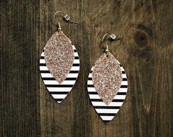 Faux Leather 2” Teardrop Earrings Black /& White Stripes Rose Gold Glitter Pink