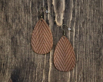 Drop Dangle Small Oval Brown Earrings Western Teardrop {2} Leather Earrings Chevron Brown Faux Leather Earrings Brown Jewelry