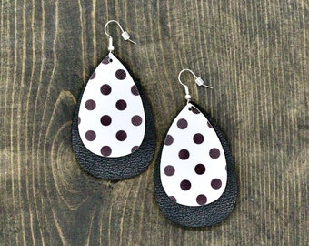 Polka Dot Faux Leather Earrings Polka Dot Earrings Polka Dots Teardrop {2} Black and White Leather Earrings Oval Earrings