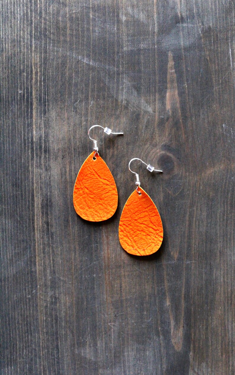 Halloween Earrings Orange Faux Leather Earrings Orange Earrings Extra Small Oval Leather Earrings Orange Jewelry Teardrop {1.5}