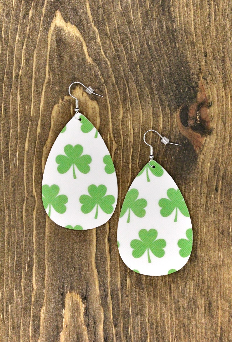 Shamrock Leather Earrings Teardrop {2.5} St Patty/'s Day Large Oval St Patrick/'s Day Faux Leather Earrings Green Earrings Lucky