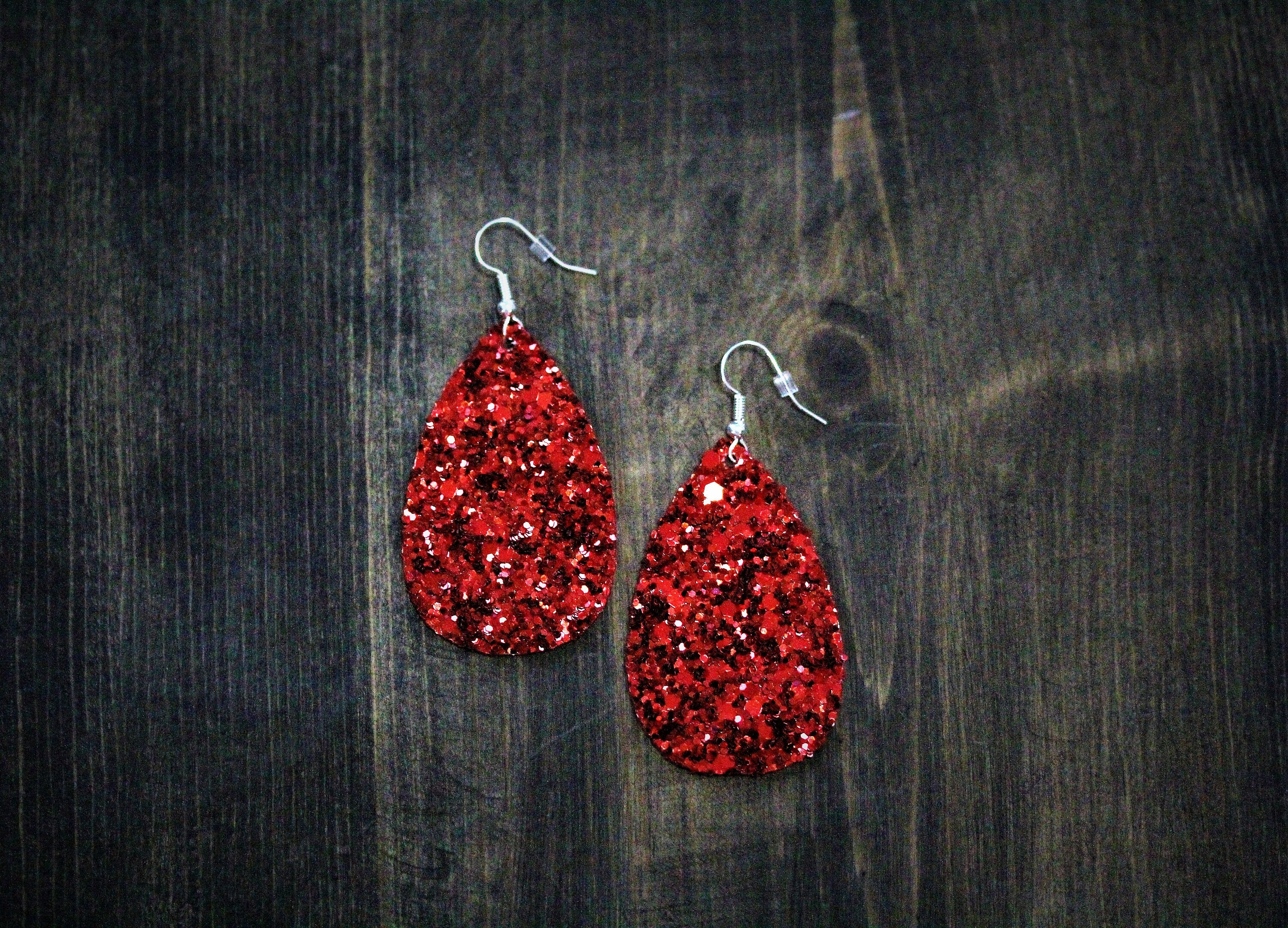 Faux Leather Earrings Small 1.75” 2” Star Shaped Red Glitter Shiny