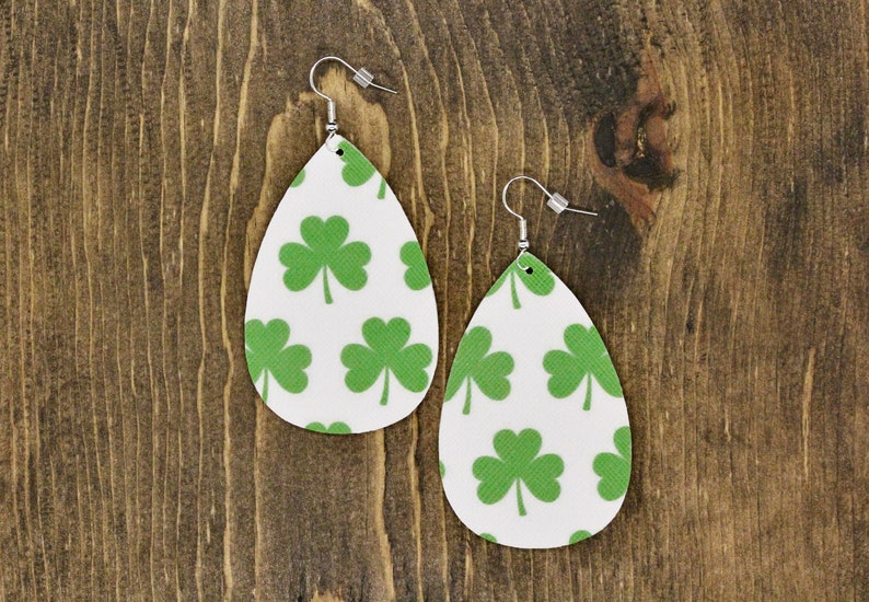 Shamrock Leather Earrings Teardrop {2.5} St Patty/'s Day Large Oval St Patrick/'s Day Faux Leather Earrings Green Earrings Lucky