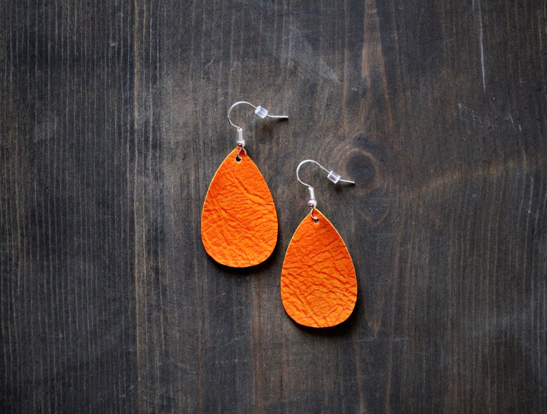Halloween Earrings Orange Faux Leather Earrings Orange Earrings Extra Small Oval Leather Earrings Orange Jewelry Teardrop {1.5}