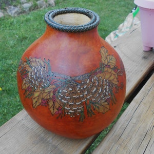 Pine Cone Woodburned and Dyed Gourd Cachepot, Dry Vase, Pine Cones and Branches Pyrography Alcohol Inks Oil Pencils