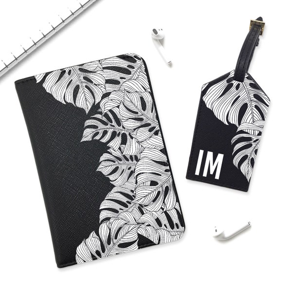 Flowers Leather Travel Set Passport Holder  Luggage Tag Personalized Passport Cover Cute Palm Leaves Passport Floral Travel Wallet YD0169
