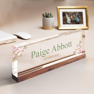 Rose Floral Desk Name Plaque, Personalized Acrylic Name Plate for Desk, Christmas Gift for Her, Name Sign, Name Plaque, Office Decor 6550935