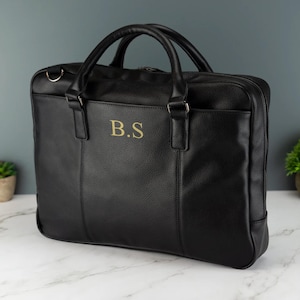 Sacoche pour ordinateur portable en cuir personnalisée avec bandoulière et poignées, initiales brodées QD892
