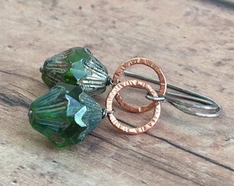 Boho Glass and Copper Earrings. Green Czech Glass Earrings. Sterling Silver and Copper Earrings. Rustic Glass Earrings. Boho Chic Jewelry