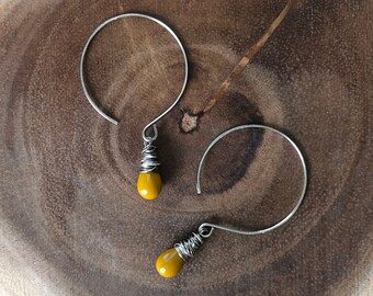 Mustard Czech Glass Earrings in Sterling Silver. Sterling Silver Hoop Earrings. Wire Wrapped Earrings. Yellow Glass Earrings Simple Earrings