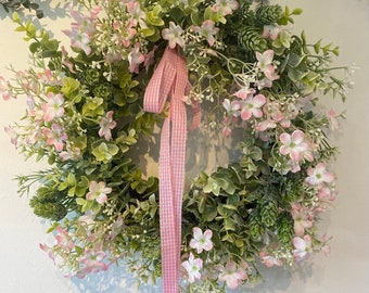 Pink Faux Floral Summer Front Door Wreath, Eucalyptus and Pink Daisy Artificial Wreath, Wedding Decoration, Pink Gingham Ribbon Wreath