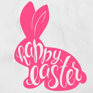 May include: Pink silhouette of a bunny rabbit with the words "happy easter" written in white inside the silhouette.