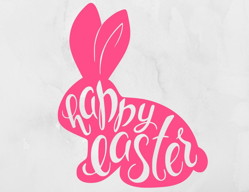 May include: Pink silhouette of a bunny rabbit with the words "happy easter" written in white inside the silhouette.
