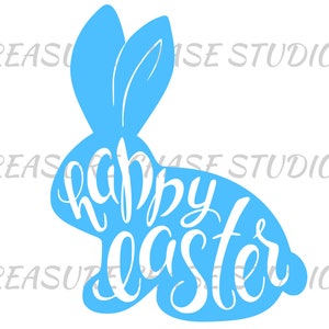 May include: A blue bunny silhouette with the text "Happy Easter" written inside. The bunny is facing right and has long ears.