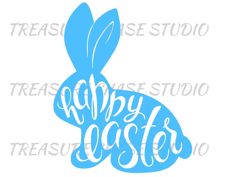 May include: A blue bunny silhouette with the text "Happy Easter" written inside. The bunny is facing right and has long ears.