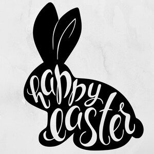 May include: Black silhouette of a rabbit with the words "Happy Easter" written inside the silhouette.