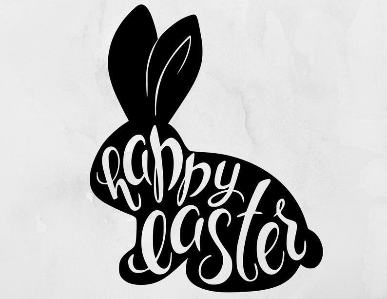 May include: Black silhouette of a rabbit with the words "Happy Easter" written inside the silhouette.