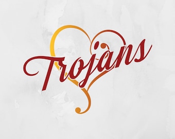 May include: A red and gold heart with the word "Trojans" written in a stylized font.