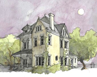 The Haunted Manor: Watercolor Print
