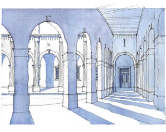 The Great Blue Hall: Architectural Watercolor Print