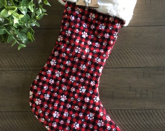 Personalized reversible traditional Christmas dog stocking, stocking for dog, pet stocking, plaid flannel holiday stocking