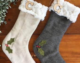 Personalized Christmas stockings, neutral stockings, reversible fur stockings for Christmas decor