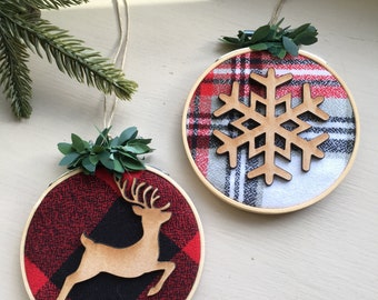 Handmade Christmas tree ornaments, plaid flannel and bamboo snowflake ornament, plaid reindeer ornament for Christmas decor