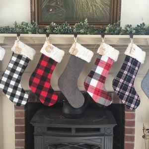 Personalized Christmas stockings, plaid flannel and faux fur stockings, reversible fur and plaid stockings for Christmas decor