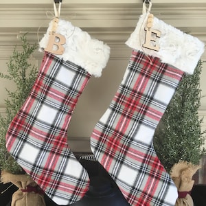 Personalized Christmas stockings, plaid flannel stockings, reversible fur and plaid stockings for Christmas decor