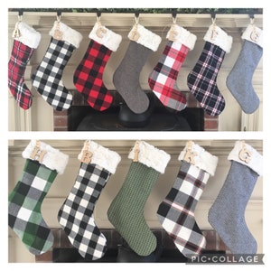 Personalized Christmas stockings, plaid flannel and faux fur stockings, reversible fur and plaid stockings for Christmas decor