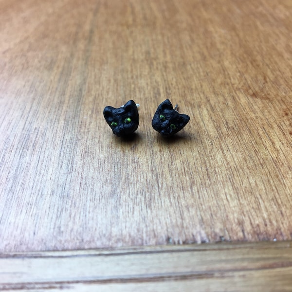 Realistic Black Cat Stud Earrings/Tuxedo Cats/Miniature Animals/Pets/Polymer Clay/Sterling Silver
