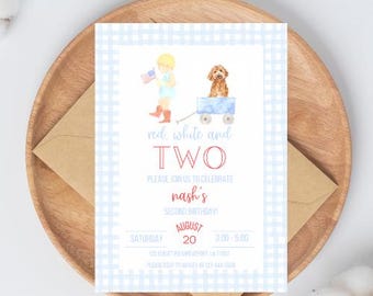 Red White and Two Boy Birthday Invitation, Red White and Two Birthday, 4th of July Birthday, Patriotic, Red White and Two Dog