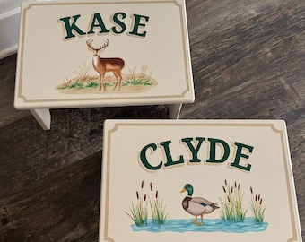 Hand Painted Custom Name Step Stool | Personalized Kids Stool | Hunting Nursery Decor | Deer Duck Theme | Baby Shower Gift Boy