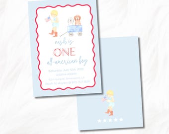 Invitación de primer cumpleaños para niño estadounidense, pintada a mano, editable (digital)