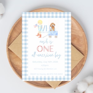 One All American Boy Birthday Invitation Dog, All American Boy Birthday, All American First Birthday, Boy, 4th of July Birthday, Doodle