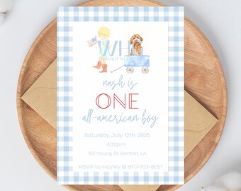 All American Boy 1st Birthday Invitation, Dog Theme (Digital Download)