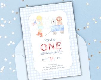 Invitación para el primer cumpleaños de un niño estadounidense / Primer cumpleaños patriótico / Rojo, blanco y azul / Plantilla editable / Descarga instantánea