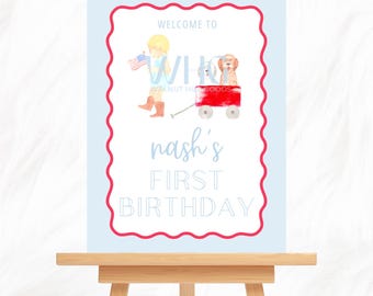 Letrero de bienvenida personalizado para primer cumpleaños, con temática de niño estadounidense (18 x 24 imprimible)