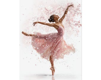 Pode incluir: Pintura em aquarela de uma bailarina em um vestido rosa, en pointe, com os braços graciosamente estendidos. O fundo apresenta flores rosa suaves e detalhes brancos, criando uma estética artística e sonhadora. A dançarina é o ponto focal.