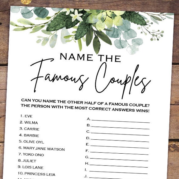 Printable Bridal Shower Games Printable - Greenery Leaves Bridal Shower Games - Name the Famous Couple Game - Tropical Bridal Shower 008