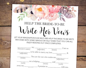 Printable Bridal Shower Games Printable - Bohemian Bridal Shower Games - Help Bride To Be Write Her Vows Game - Boho Bridal Shower 003