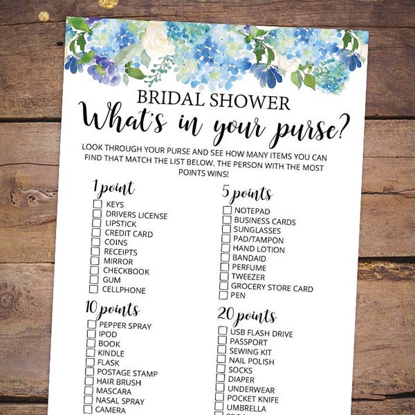 Printable Bridal Shower Games Printable - Blue Hydrangea Bridal Shower Games - What's In Your Purse Game - Floral Bridal Shower Games 007