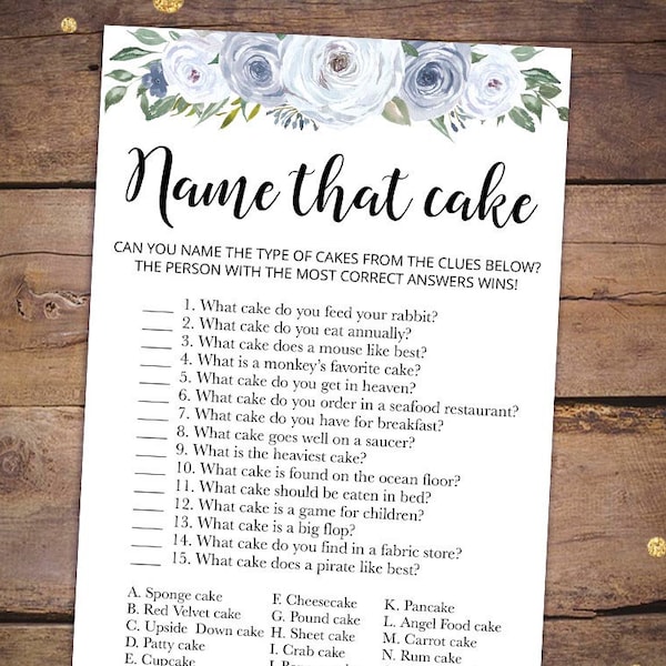 Printable Bridal Shower Games Printable - Dusty Blue Bridal Shower Games - Name That Cake Game - White Floral Bridal Shower 005