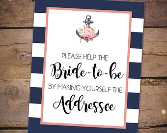 Envelope Station Sign Anchor Bridal Shower - Please Help the Bride by Making Yourself the Addressee - Navy Bridal Shower 001