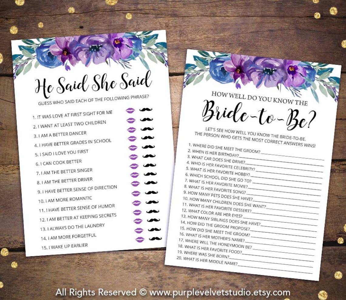 Printable Purple Floral Bridal Shower Games Package - Etsy
